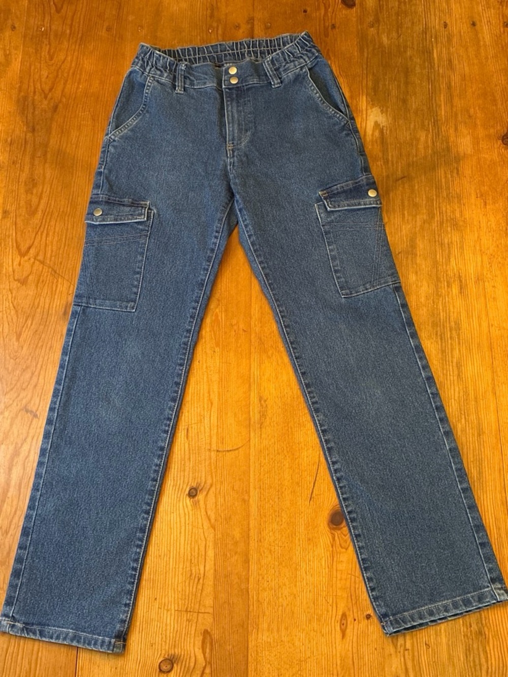 eXcuse Baggy Straight Leg Denim Cargo Jeans Stretchy Waist Size S